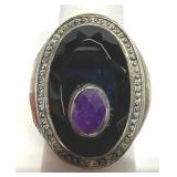 Black Onyx & Amethyst Stones Sterling Ring 925