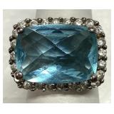 Blue Stone Silver Ring w/CZ Accents Size 7