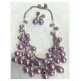 Faux Lavender Pearl Crystal Bead Cluster Necklace