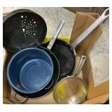 Assorted Pots and Pans Enamelware, Wok, Skillet
