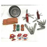 Pocket Knives, Tire Desk Clock, Tootsie Toys, Etc.