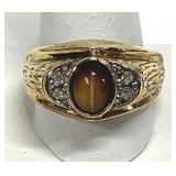 Men's 14KT GE Tiger Eye Cabochon Ring Gold Tone