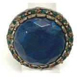 Blue Cabochon Brass Ring Stars Green Rhinestones