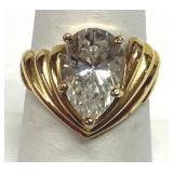 Lg Pear Shape CZ Gold Vermeil Ring 925 Size 6.5