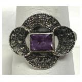 Purple Stone & Marcasite Sterling Ring 925 Sz 8