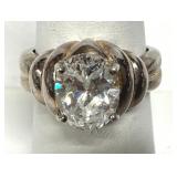 Clear Stone Ribbed Band Sterling Silver Ring 925