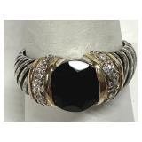 SSP Lind Black Onyx & CZ Silver Tone Ring Sz 9.5