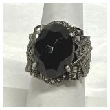 Black Onyx & Marcasite Cocktail Ring Sz 7