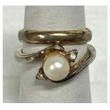 Pair Gold Tone Rings Band & Pearl w/CZ 925