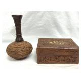 Hand Carved Wooden Jewelry Box w/Inlays & 6' Vase