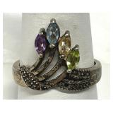 Multi Colored Gemstones & Marcasite Ring 925