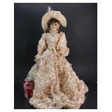 Signed Porcelain Doll in Victorian Peach Dress