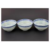 Three Chinese Export B/W Rice Grain Bowls