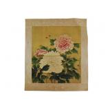 Chinese Silk Print with Peony Flowers and Bees