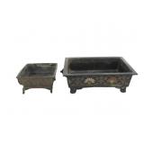 Two Japanese Square Bronze Hibachi Censers