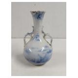 Vintage Blue and White Double Handled Vase has