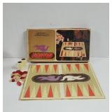 1975 Backgammon Game wooden pawns and 3 wooden