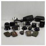Vintage Cameras Flashes and lenses with 2 cases