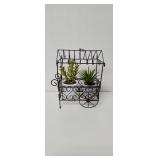Vintage small metal planter cart with artificial