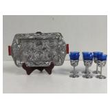 Vintage Japanese Metal serving Tray With 6 Blue