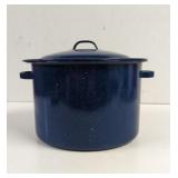 Vintage Blue White Speckled Enamelware Stock Pot