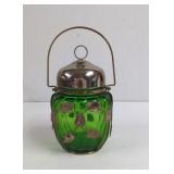 Vintage Green Glass Ribbed Musical Biscuit Jar