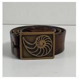 Vintage Brass Shell Belt buckle on leather belt