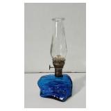 Blue glass finger oil lamp with clear glass shade