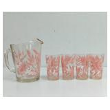 Vintage Clear Glass Pink Floral Pitcher and 4