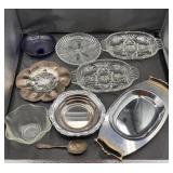 Metal tray, glasswares, & silverplated spoon ++