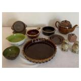 Pottery bowls, teapot, salt & pepper shakers - B