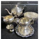 Rogers Silverplate flower frog, teapot, pitchers