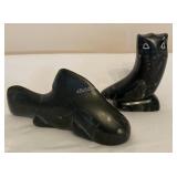 Owl signed Herb '77  & fish soapstone - KA