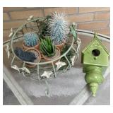 Pottery birdhouse & faux cactus bowl - KA