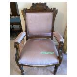 Antique wood & pink fabric armchair - G