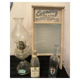 Washboard, Seagram bottle, oil lamp - KA