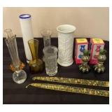7  vases, 2 mini oil lamps, glass candles -KA