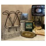 Wrought iron rack, collector tins & brass bin -