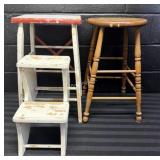2 Wood Stools, one with fold away Steps - T