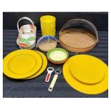 Melamine bowls& plates, covered wicker baskets - H