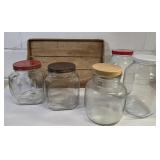 Vintage Farmhouse Decor Lot Jars, Wood Tray C