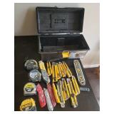 Tool Box, levels, meas tapes, utility knives. N