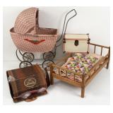 Vintage Toys, Buggy, Accordian, Trunk, & Bed