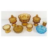 (7) Fostoria Amber Coin Glass Pieces & Blue Dish