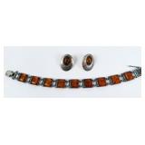 Vintage Sterling & Amber Link Bracelet & Earrings