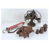 Cast Iron Corn Sheller, Electric Fan, & (3) Peas