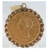 1906 S $10 Liberty 90% Gold Coin In 14K Gold Bezel