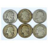 (6) Washington 90% Silver Quarters, 1935-1939