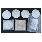 999 Fine Silver 1 Ozt. Ingot & (6) Eagle Dollars