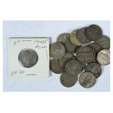 (20) Jefferson 35% Silver Nickels, 1942-1944